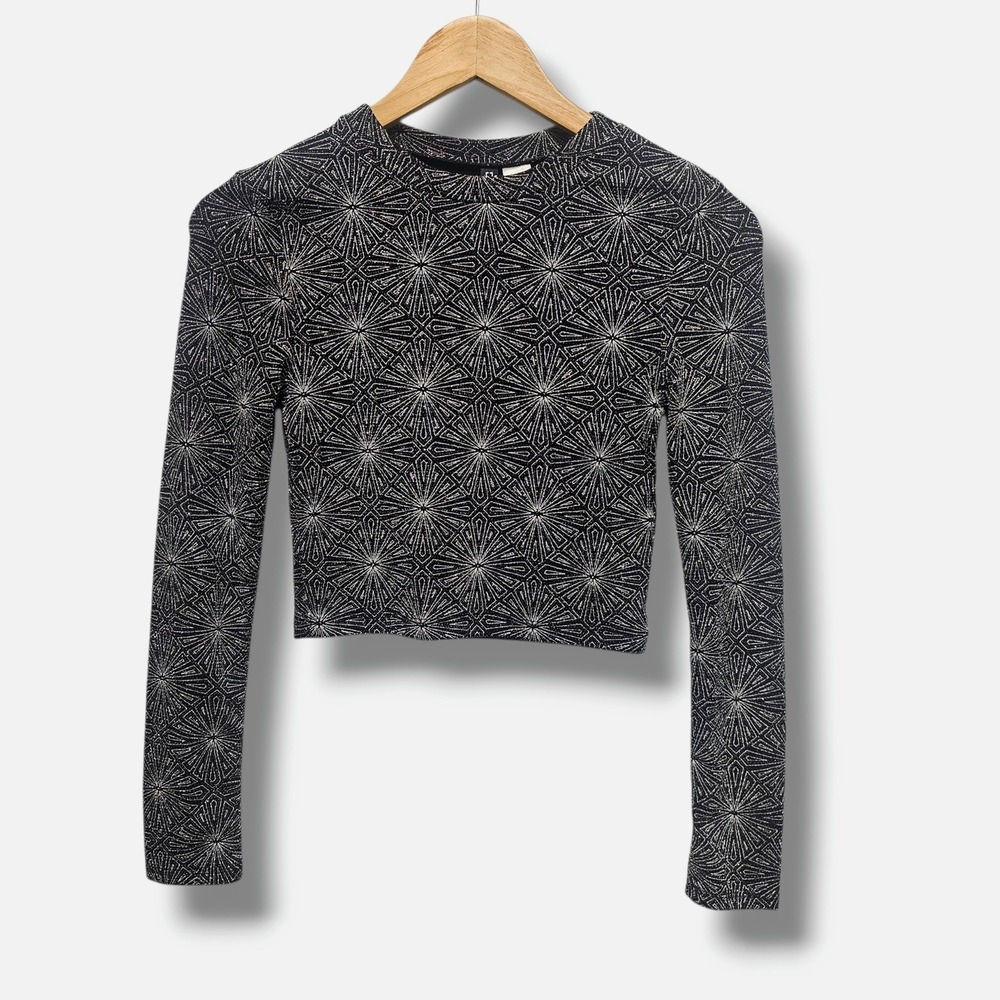 H&M Divided Crop Top XS Womens Black Silver Celestial Starburst Metallic Shimmer